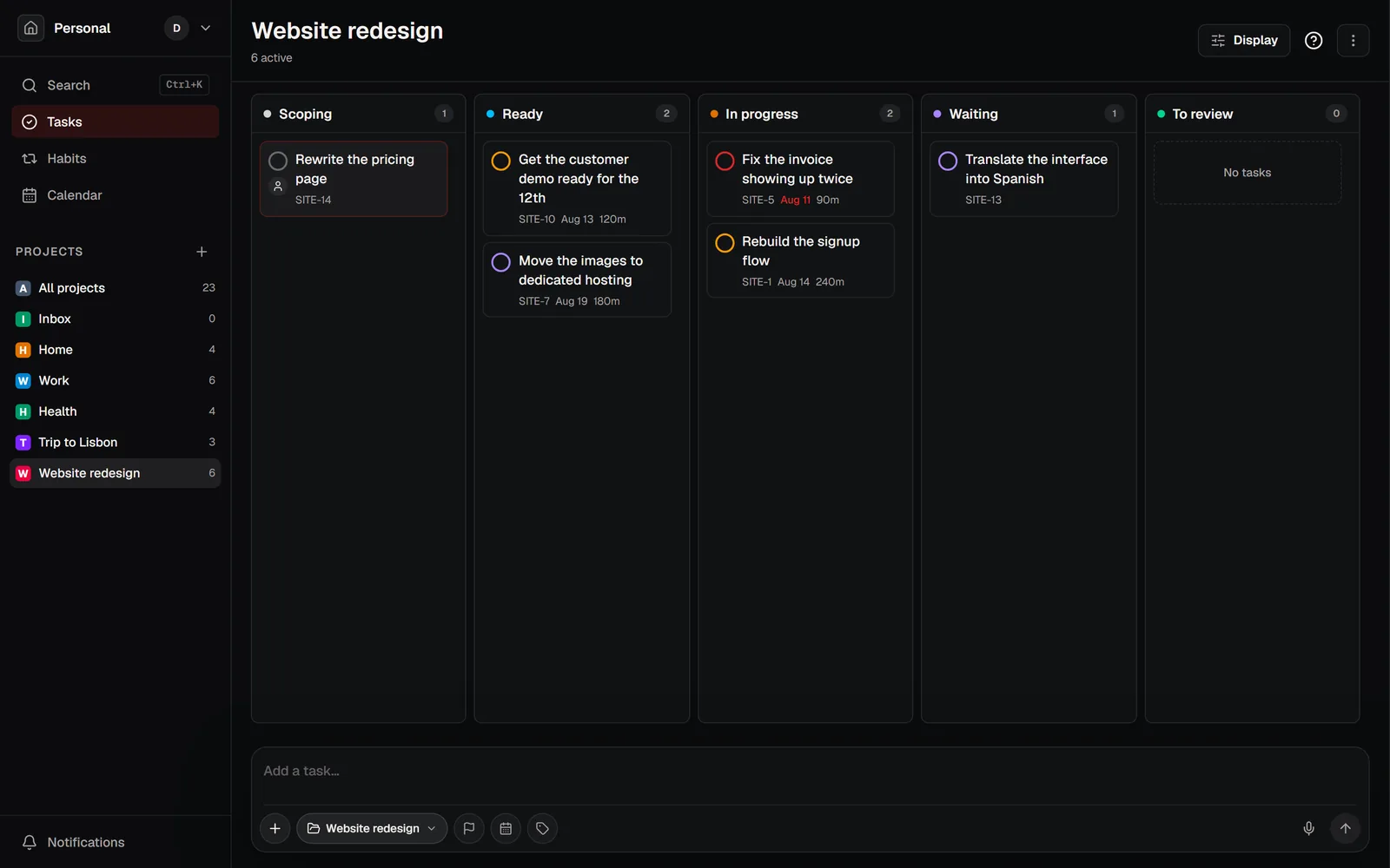 A project board with columns named by the team, showing task keys, dates and durations