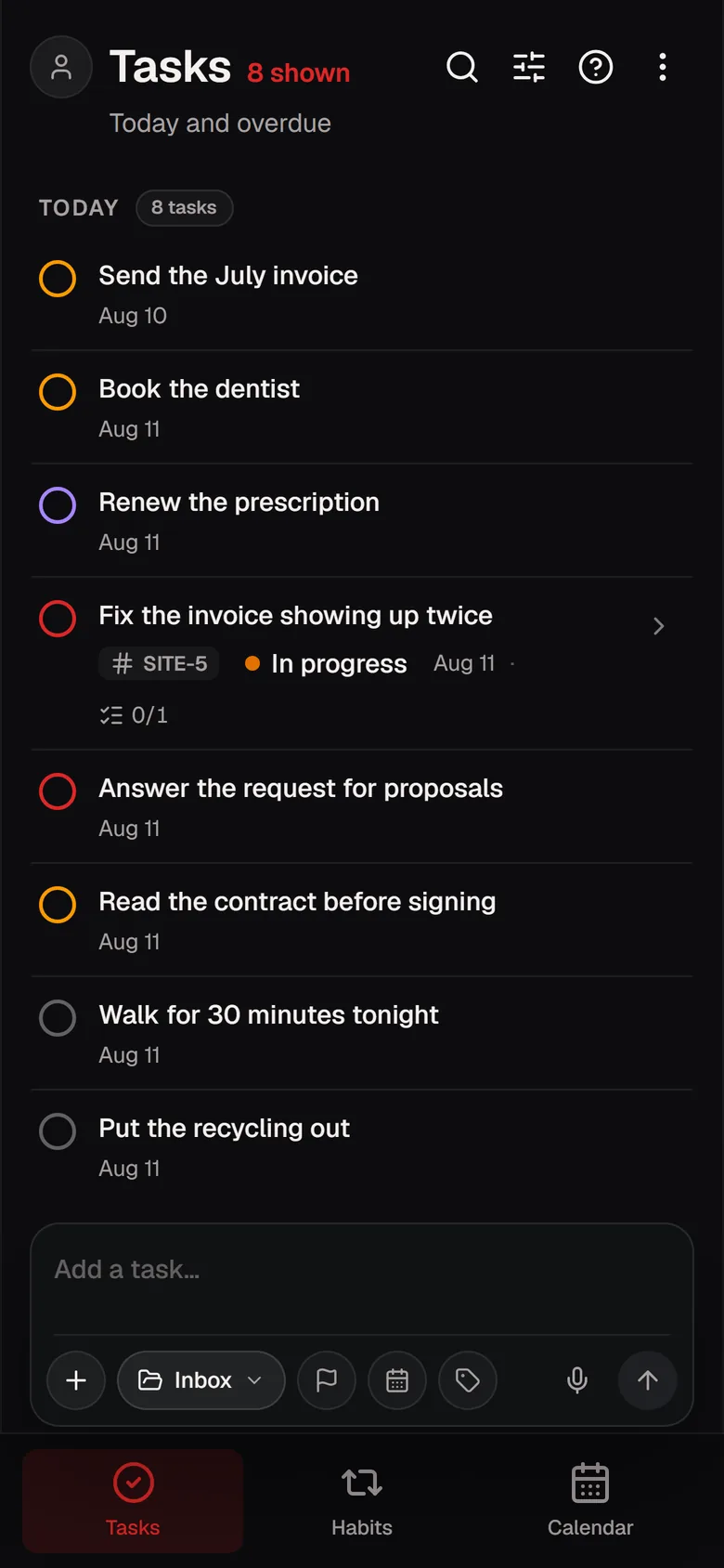 Taskessa on a phone: today's tasks with priority colours